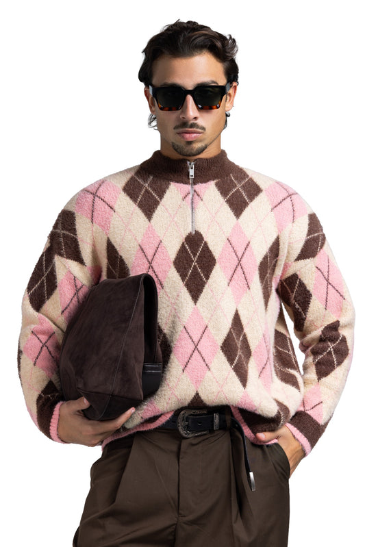 Argyle Quarter Zipper (Pink)